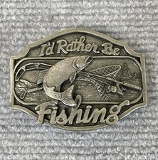 Vintage Belt Buckle I'D RATHER BE FISHING Arroyo Grande Made in USA Pewter 80s