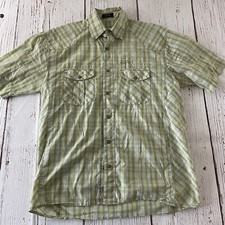 Orvis Trout Bum Plaid Short Sleeve Snap Button Front Shirt Men's Medium Green