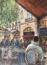Watercolor Original Painting Unique 11" X15” Street Cafe