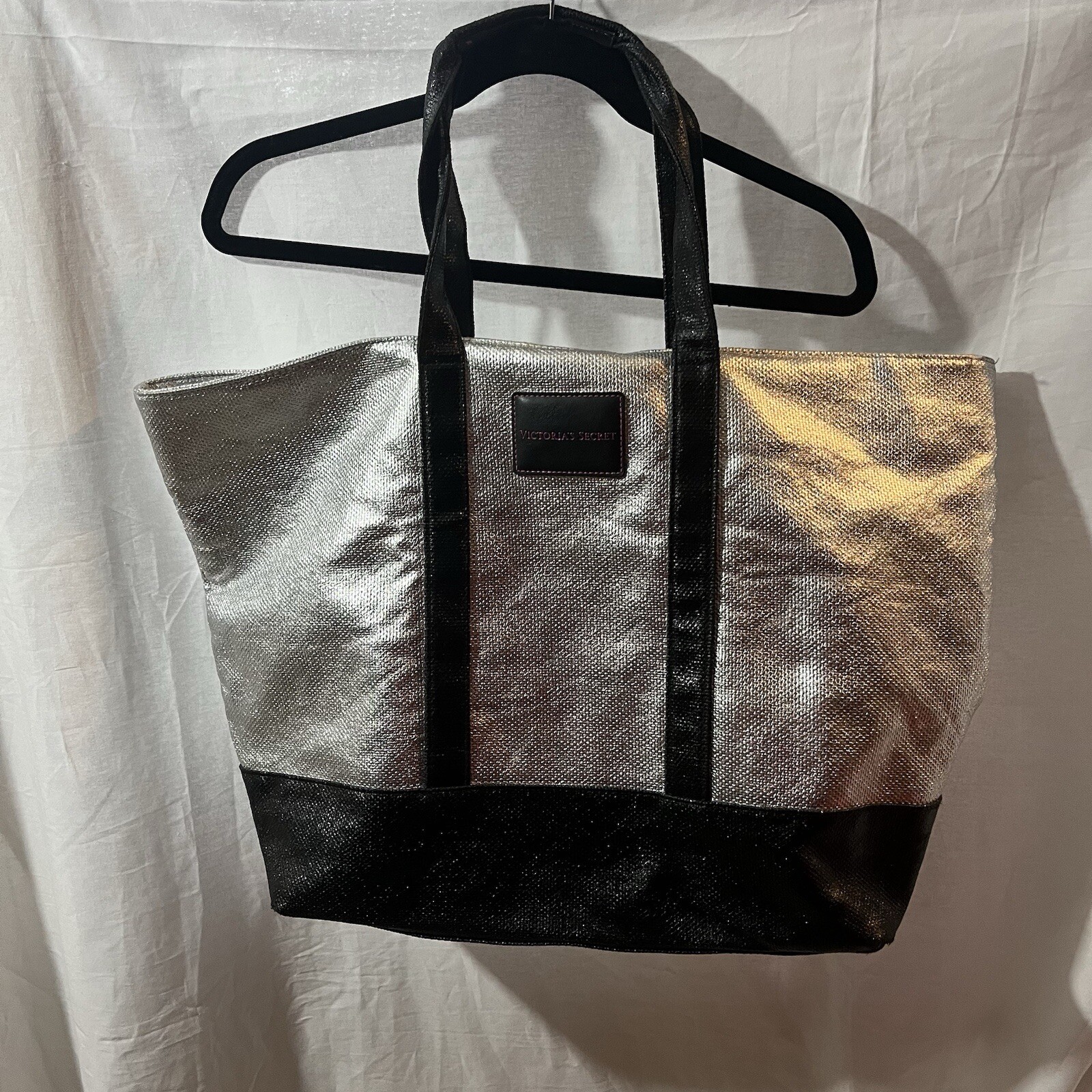 Victoria's Secret Silver and Black Large Tote Bag with Double Handles