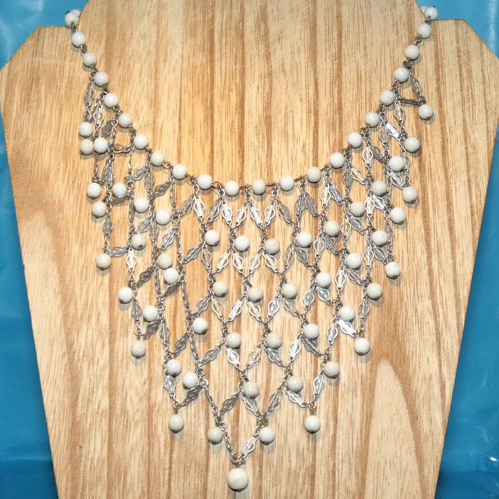 Vintage White Beaded Bib Necklace Silver Tone Chainmail Style Statement Piece eBay