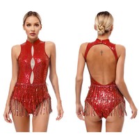 De Damen GläNzende Paillette Quaste Latin Jazz Tanz Leotard Bodysuit Tanz KostüM