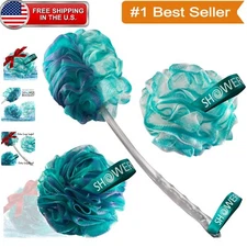 Ultimate Bathing Luxury: Long Handle Back Brush with 2 Soft Exfoliating Poufs