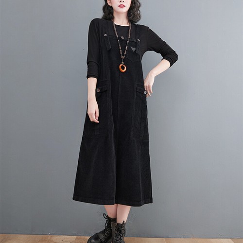 Women Midi Suspender Braces Overall Dress Loose Corduroy Casual Pockets Dress - Picture 9 of 15