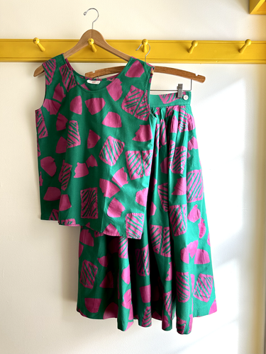 Vtg 80s GIVENCHY Paris Life print cotton blouse top shirt skirt dress suit set - Picture 2 of 10