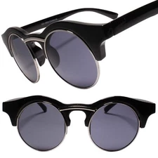 Vintage Inspired Classic Half Frame Semi-Rimless Round Circle Black Sunglasses