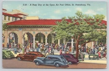 Busy Day Open Air Post Office St Petersburg Florida FL Cars People 1951 Postcard