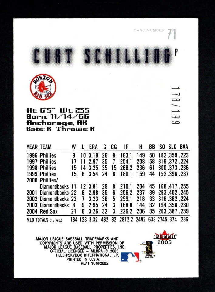 2005 Fleer Platinum Finish #71 Curt Schilling Boston Red Sox /199 - Image 2 of 2