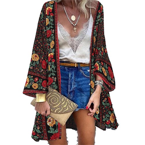 Damen Bohème Blumenmuster Strickjacke Kimono Arm Strandbedeckung Top Vorne YF - Bild 1 von 18