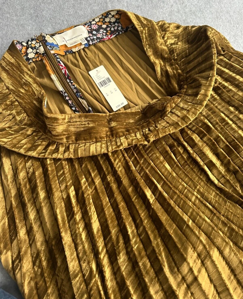 Anthropologie Olive Green Gold Velvet Pleated Midi Skirt UK 14 UK 16 US 12 FR 44 - Image 4 of 4
