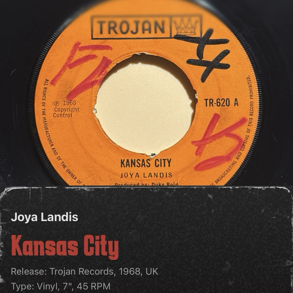 英7” Joya Landis Kansas City TR620 Trojan Records /00050 Joya Landis – Kansas City – Vinyl (4 Prong Push-out, 7