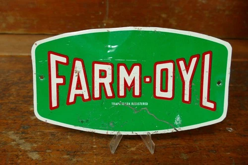 Vintage FARM-OYL Motor Oil Metal Tin Advertising Sign Emblem Tag Badge