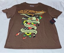 Ed by Ed Hardy Rhinestones Graphic Studded Brown T Shirt-Size:L- Brand New NWT