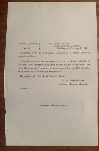 1864 Loss Of Revolver Pistol Civil War General Order Document