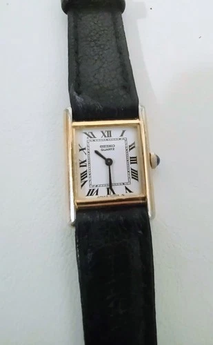 Seiko Tank Watch Women 18mm White Dial Gold Tone 1400-5039  Vintage Running Well