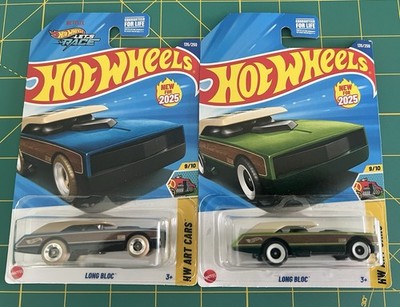 LOT OF 2 - 2025 HOT WHEELS LONG BLOC PINEWOOD DERBY HW ART CARS COLOR VARIANTS