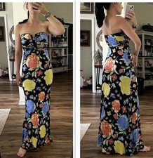 GUESS Black Strapless Bustier Tropical Watercolor Floral Print Maxi Dress M