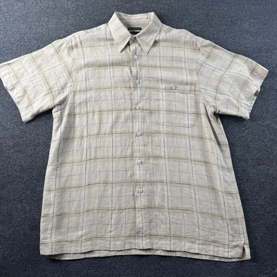 Marc Edwards Shirt Men's L Beige Plaid Short Sleeve Button Up Washable Linen