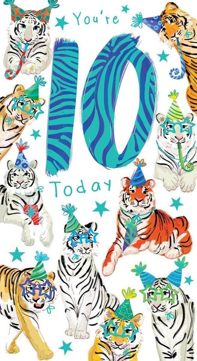 Boys Age 10 Birthday Card. Tiger Themed. 10th Birthday. 12.3x22.8cm