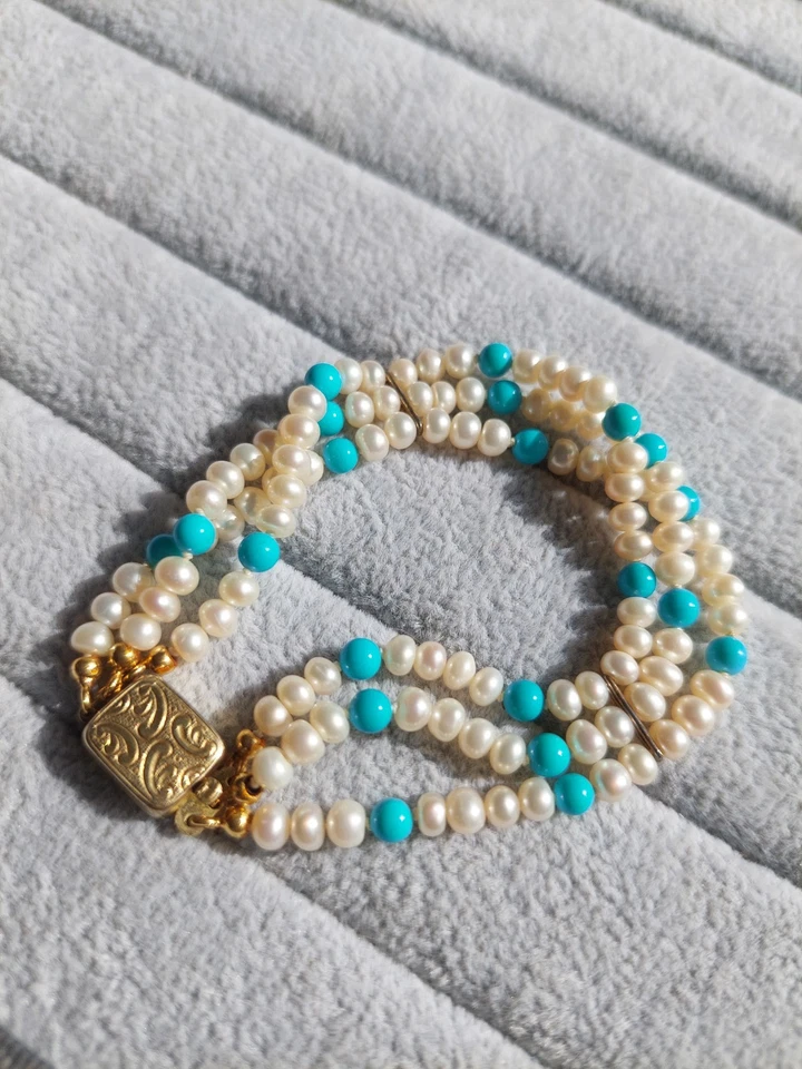 Wunderschöner Perlenarmreif aus echten Perlen und Türkis, Armband, Silber 925✨️ - Bild 2 von 4