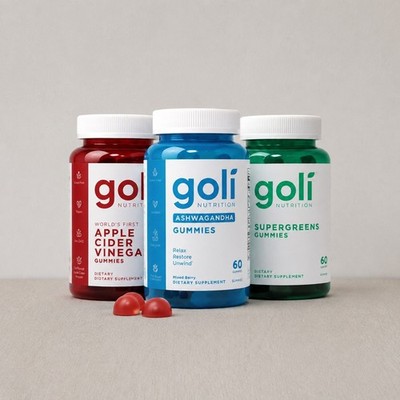 3 Bottles Goli Zero Sugar Best Seller Trio Set Gummies, 60 Counts Per Bottle