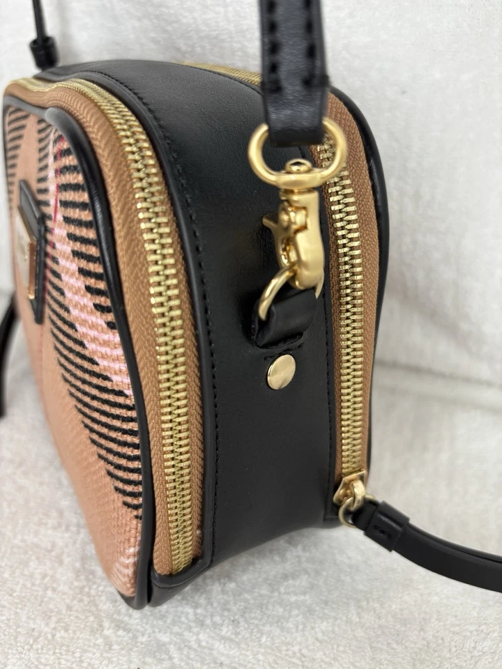 Spartina 449 Plaid Pink Black Tan Camera Bag 2-Zip Comp. Crossbody Linen Leather - Image 4 of 4