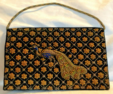 Vintage Velvet Peacock Clutch Handbag Embroidered Evening Purse Intricate Detail