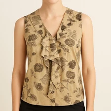 Cabi Silk Blouse Tan Floral Ruffle Front Sleeveless Romantic Women Large
