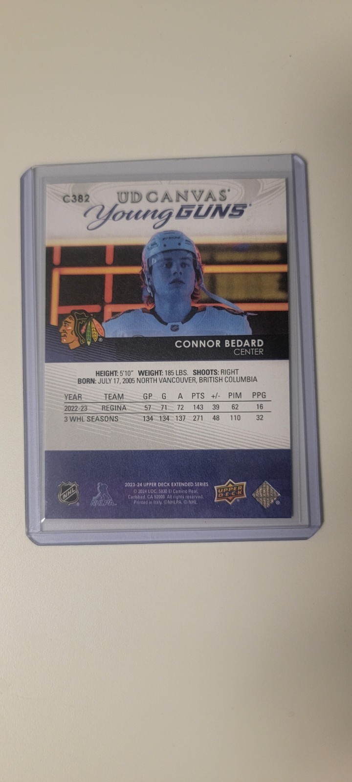 Upper Deck 2023-24 UD Canvas Young Guns Bedard Blackhawks #C382 RC view 2