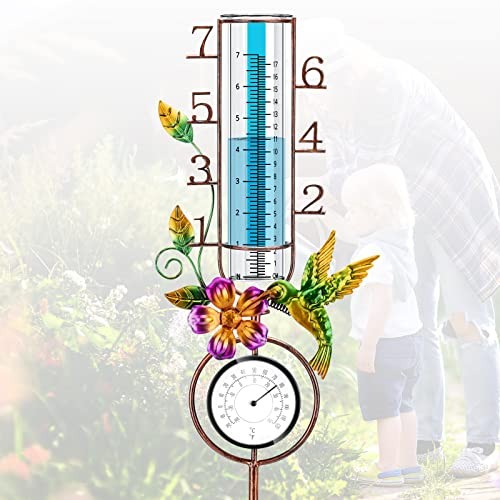 Rain Gauge Large Number, 32" Copper Rain Gauges Outdoor, 7" Blue-Hummingbird