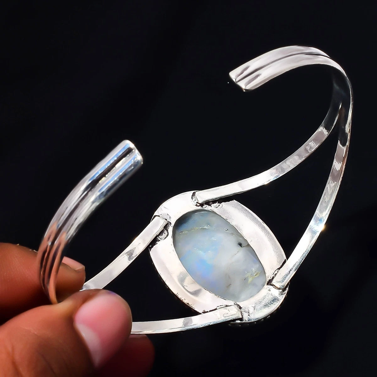 Rainbow Moonstone Gemstone 925 Sterling Silver Handmade Bangle Jewelry Gift For