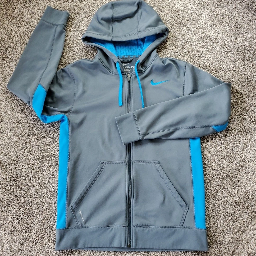 Nike Therma-Fit Mens Small L/S Hoodie Full Zip Gray & Electric Blue Fleece Lined