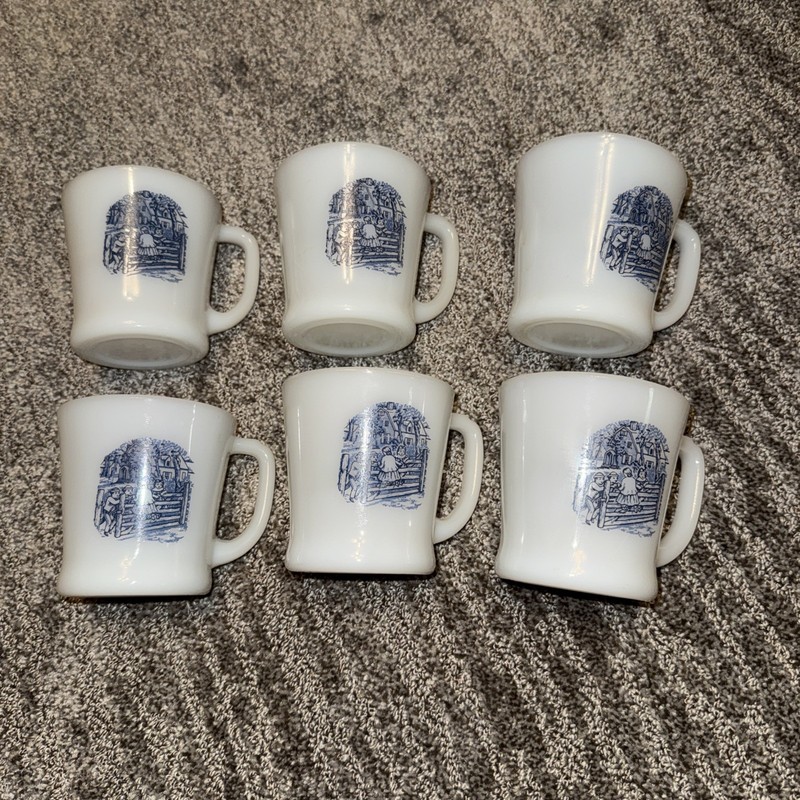 Set Of 6 Currier & Ives Mugs-Old Farm Gate Fence Children Pattern (Blue & White)