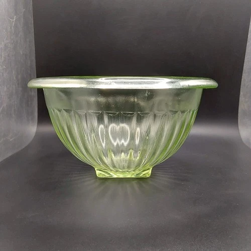 Vintage Hazel Atlas 6.5 " Green Glass Bowl 1930's Uranium Ribbed Depression UV