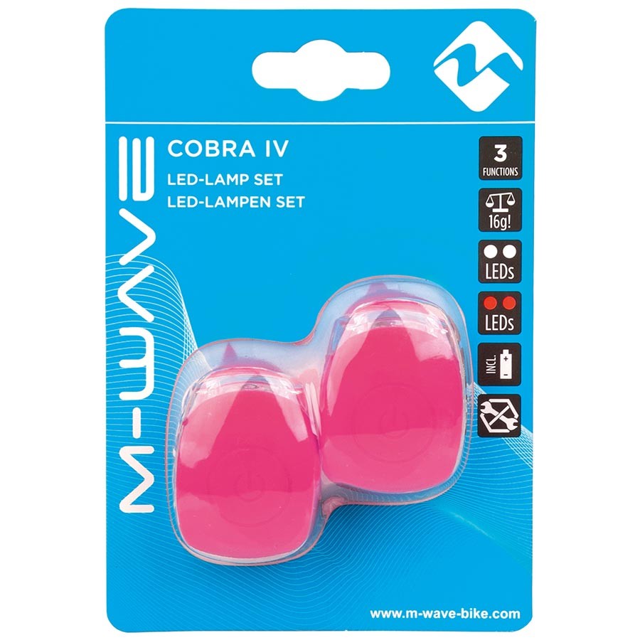 Комплект светодиодных велосипедных фонарей M-Wave Cobra IV Pink с креплением без инструментов и резинкой 2090₽