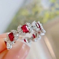 Women's Eternity Ring 3Ct Emerald Cut Lab Created Red Ruby 14k White Gold Plated
