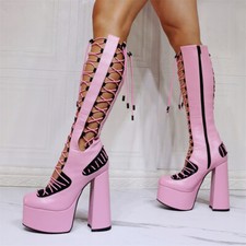 Women Knee High Boots Platform Round Toe Block High Heels Lace Up Zip Shoes Lady