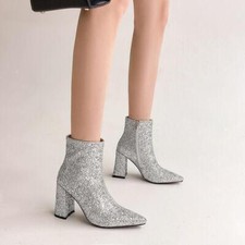 Womens Glitter Ankle Boots Side Zip Block Heel Pointed Toe Dress Club Party Prom