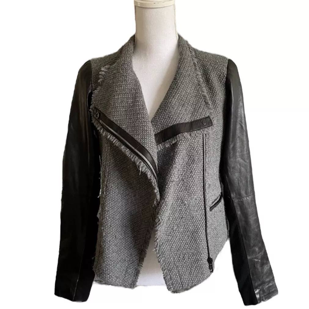 Vince Wool Blend Tweed Boucle Scuba Moto Black Leather Jacket Gray Women s S