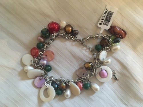 Fresh Water Pearl, Multi Colour Shell, Simulated Emerald wrist/ankle bracelet - Picture 2 of 2