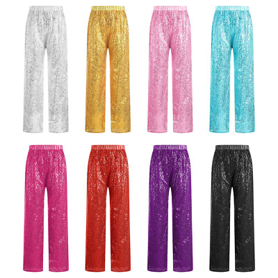 Kinder Mädchen Glänzend Jazztanz Hose mit Pailletten Schlaghose 70er Retro Hose