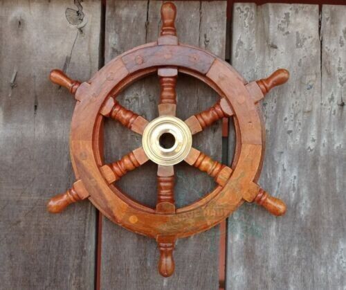 Morska 12" Mosiężna drewniana kierownica statku Pirat DÉcor Drewno Wędkarstwo Ścienna łódź - Zdjęcie 1 z 4