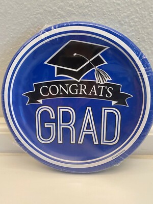 Congrats Grad Dinner Plates 18-  8 3/4'' Premium Strength Cobalt Blue Graduation 