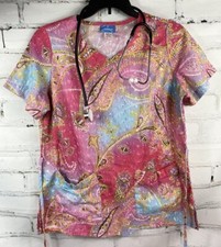 Elan BARCO Scrub Top Womens Medium Pink Paisley Boho Medical Nursing V-Neck USA
