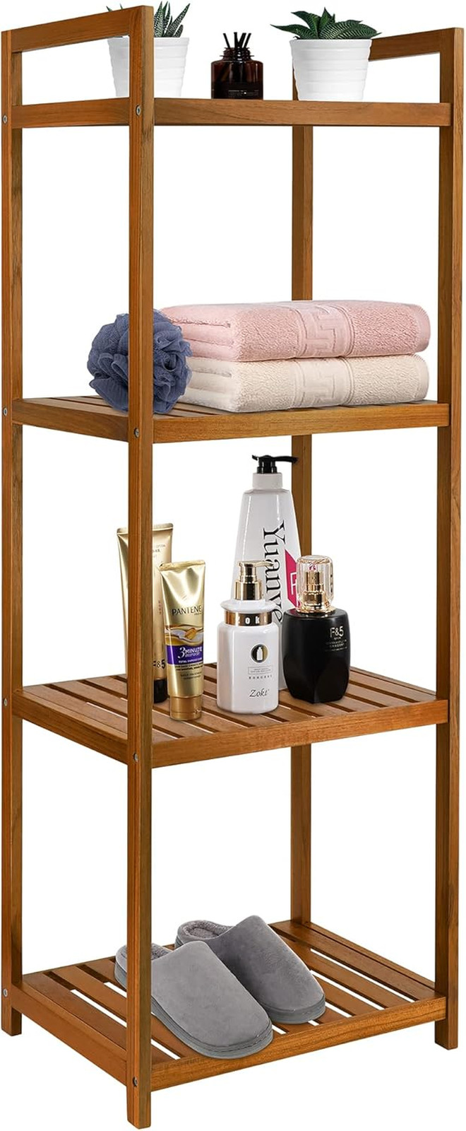 Teak Wood Bathroom Shelf Organizer Stand, Standing Shelves Shower Caddy Units, F