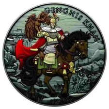 GENGHIS KHAN LEGENDARY WARRIORS 1 oz Silver Antique Finished Coloured Coin  USA
