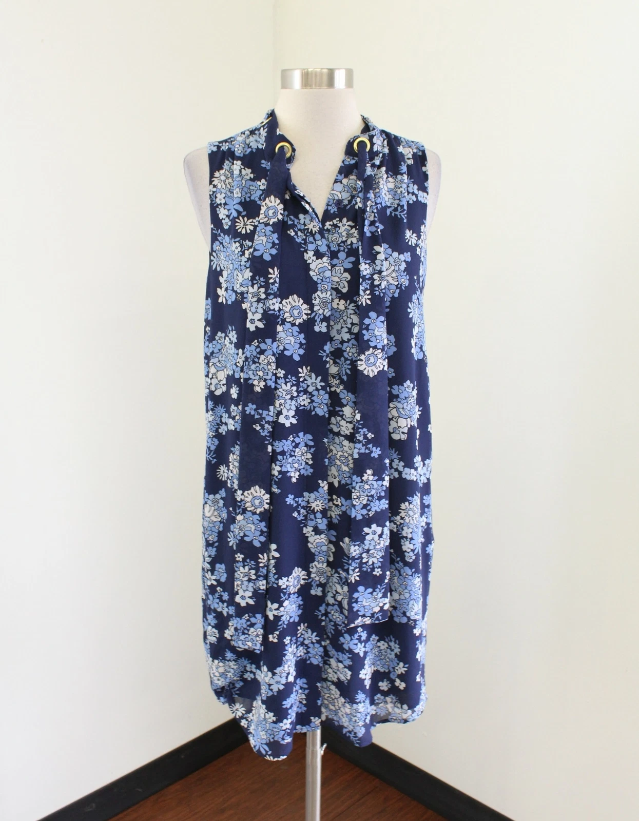 NWT Michael Kors Blue Floral Tie Neck Pussybow Shift Dress Size M Spring Button