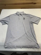 FootJoy Mens Shirt Large Blue White Striped Logo Polo Golf Rivers Bend TPC