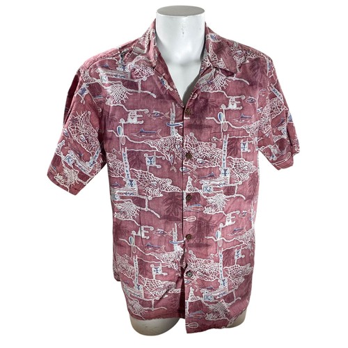Go Barefoot Hawaiian Shirt XL Fish Fishing Nets Boats Reverse Print Pale Red - Picture 2 of 7