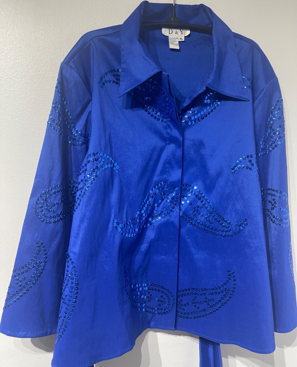 D\u0026Y Ladies Electric Blue Blouse w/lovely Sequin Work-Long Flared Sleeves  SizeXL | eBay